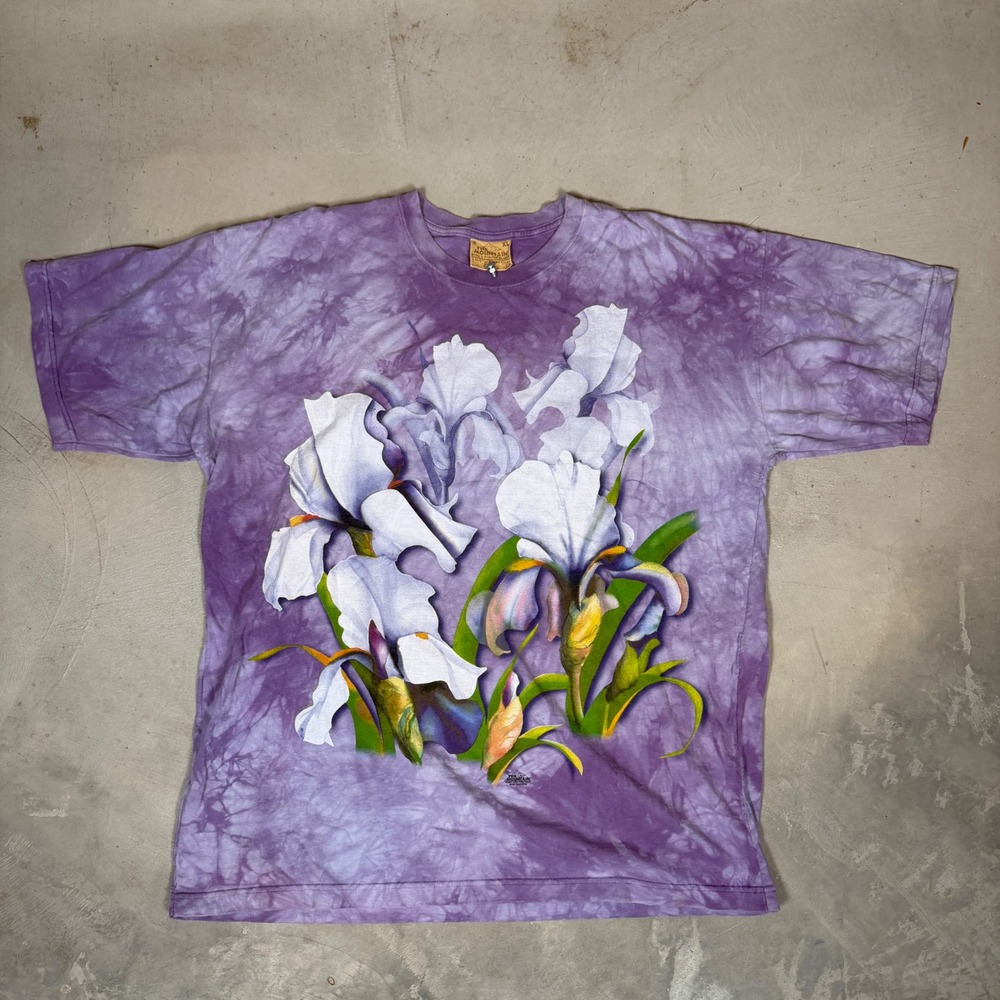 The Mountain Iris Flower Graphic T-Shirt Purple Tie Dye Amy Hautman 2001 XL